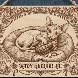Gravírovaná dřevěná cedule: Sphynx s granátem – Tady hlídám já!