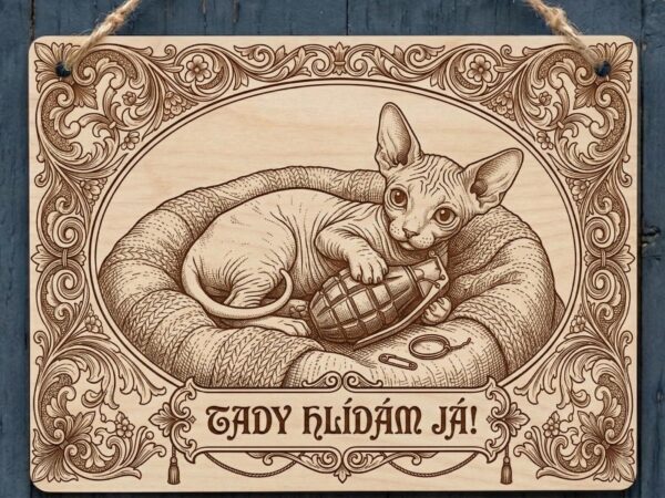 Gravírovaná dřevěná cedule: Sphynx s granátem – Tady hlídám já!