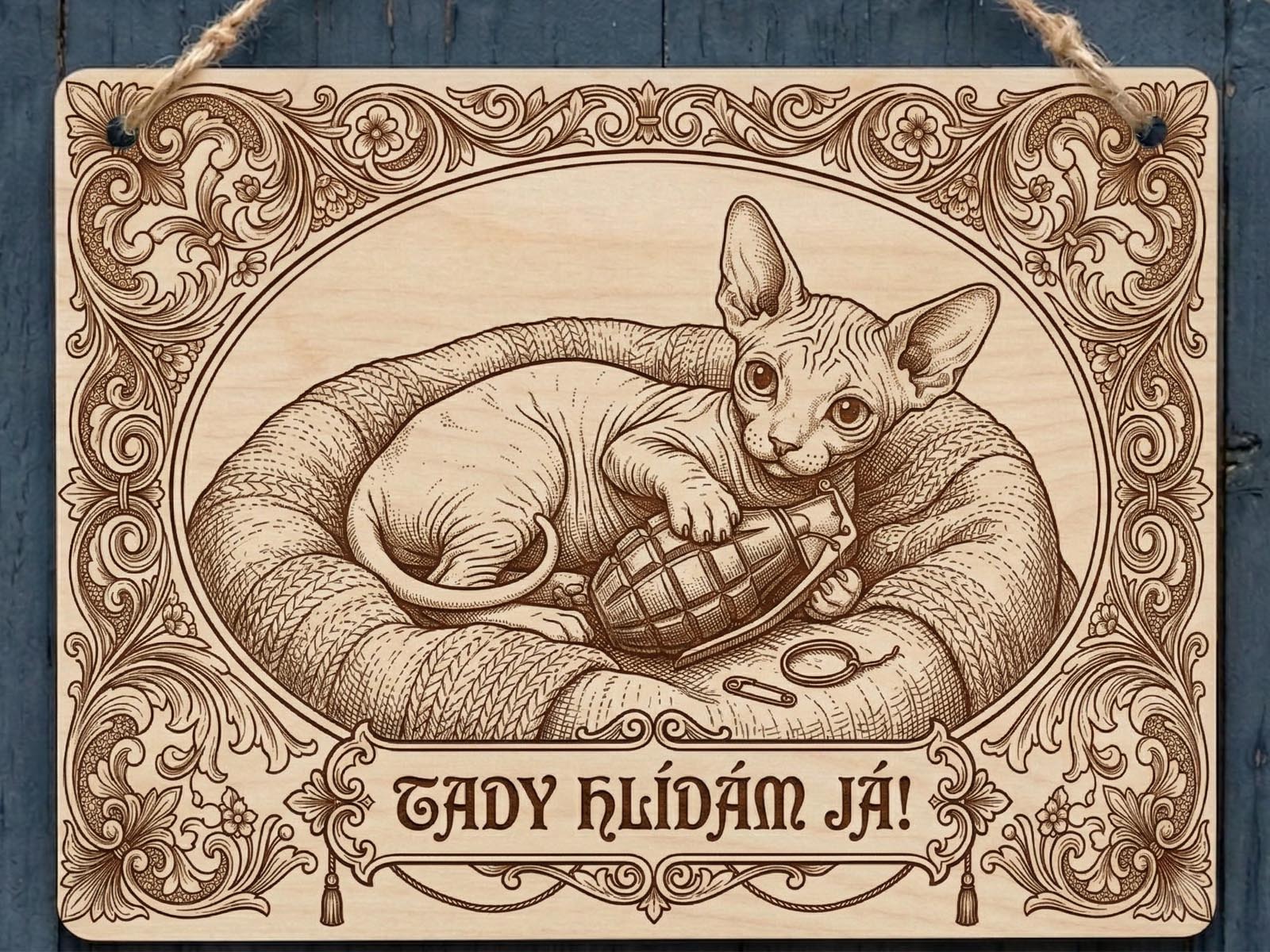 Gravírovaná dřevěná cedule: Sphynx s granátem – Tady hlídám já! - Obrázek 1
