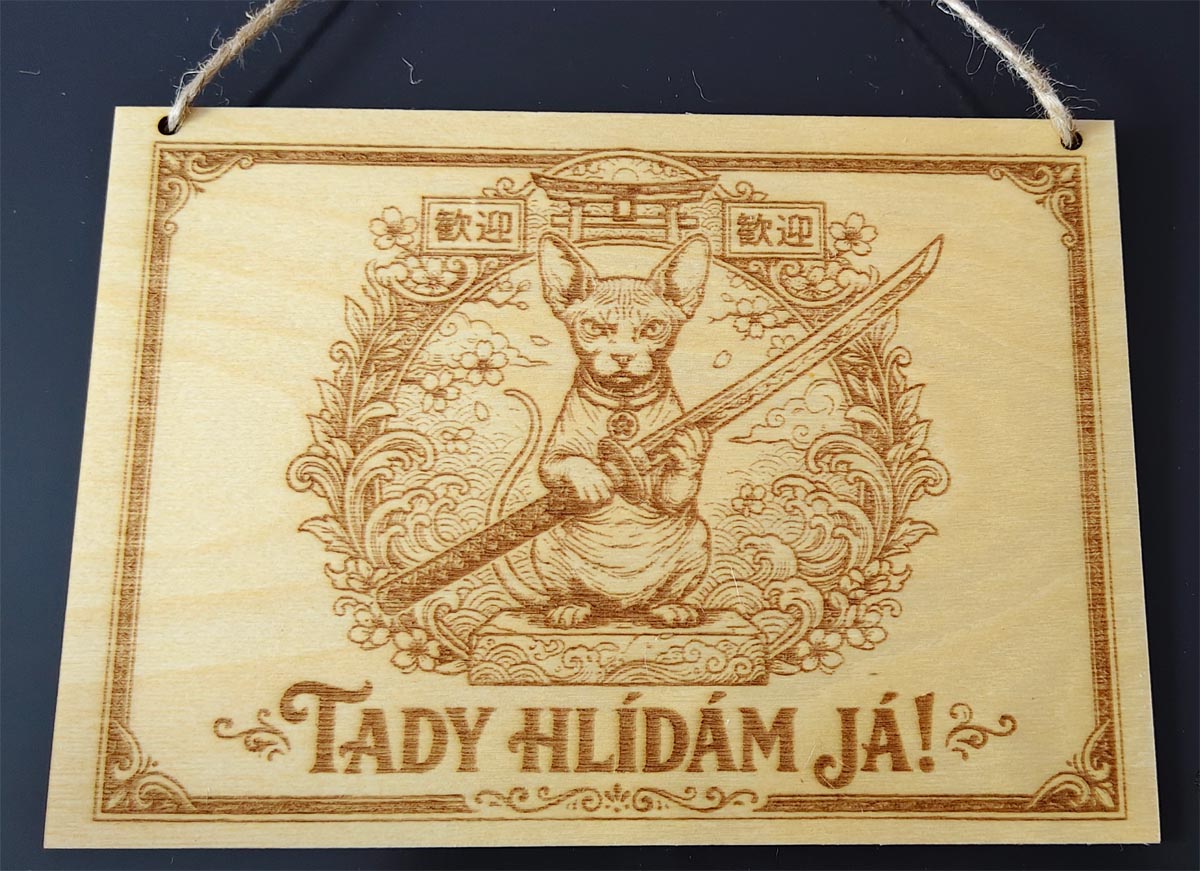 Gravírovaná dřevěná cedule: Sphynx Samuraj – Tady hlídám já! - Obrázek 1