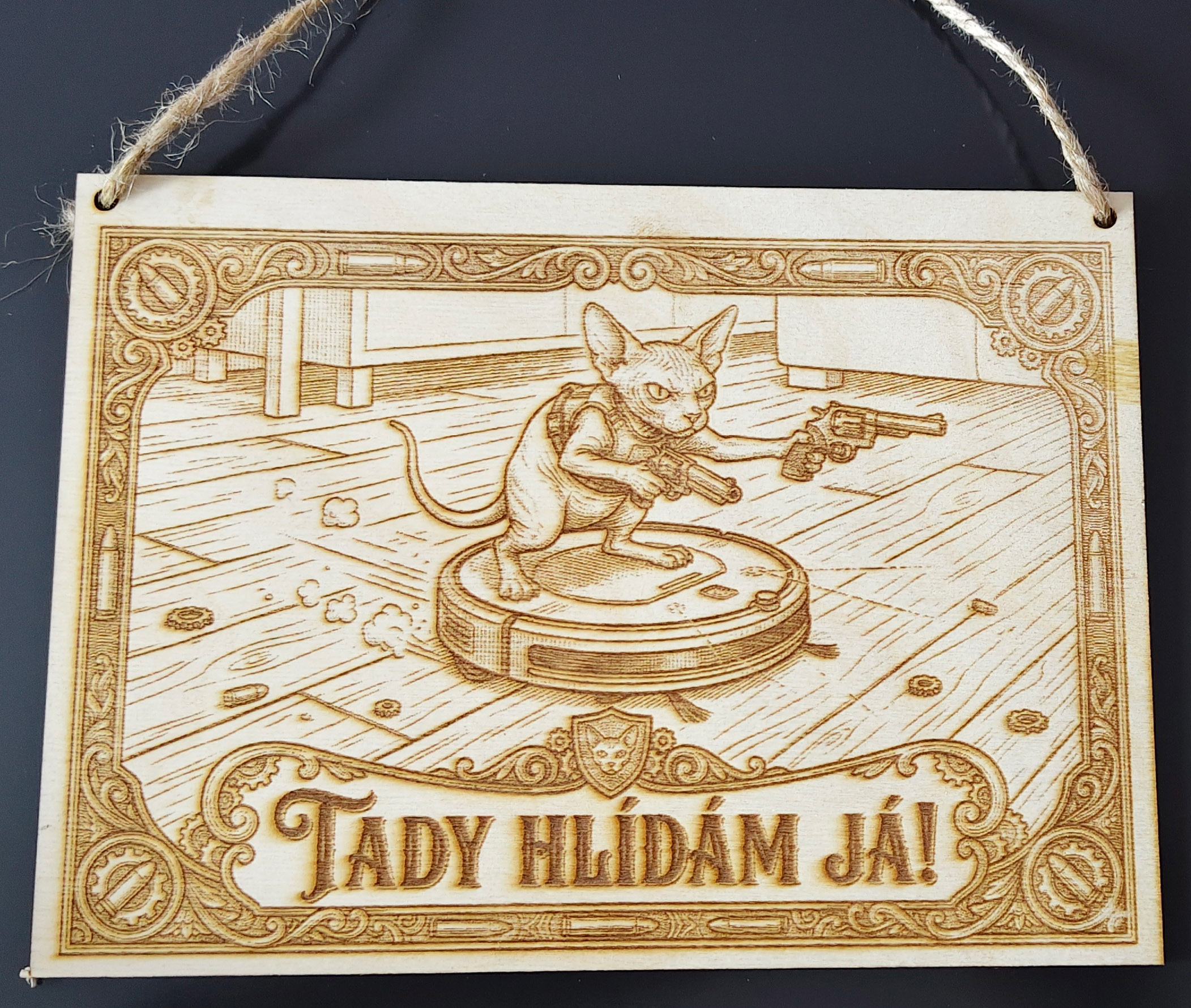 Gravírovaná dřevěná vývěsní cedule: Sphynx na robotovi – Tady hlídám já! - Obrázek 1