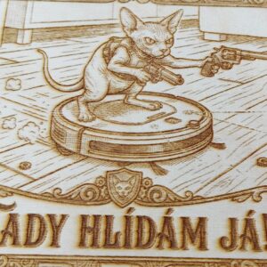 Gravírovaná dřevěná vývěsní cedule: Sphynx na robotovi – Tady hlídám já! - Obrázek 3