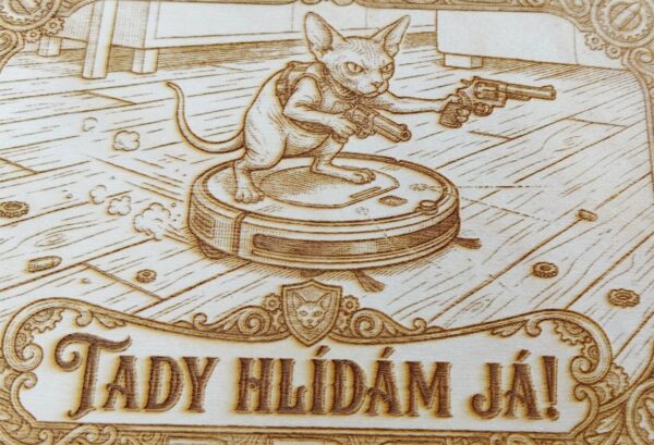 Gravírovaná dřevěná vývěsní cedule: Sphynx na robotovi – Tady hlídám já!