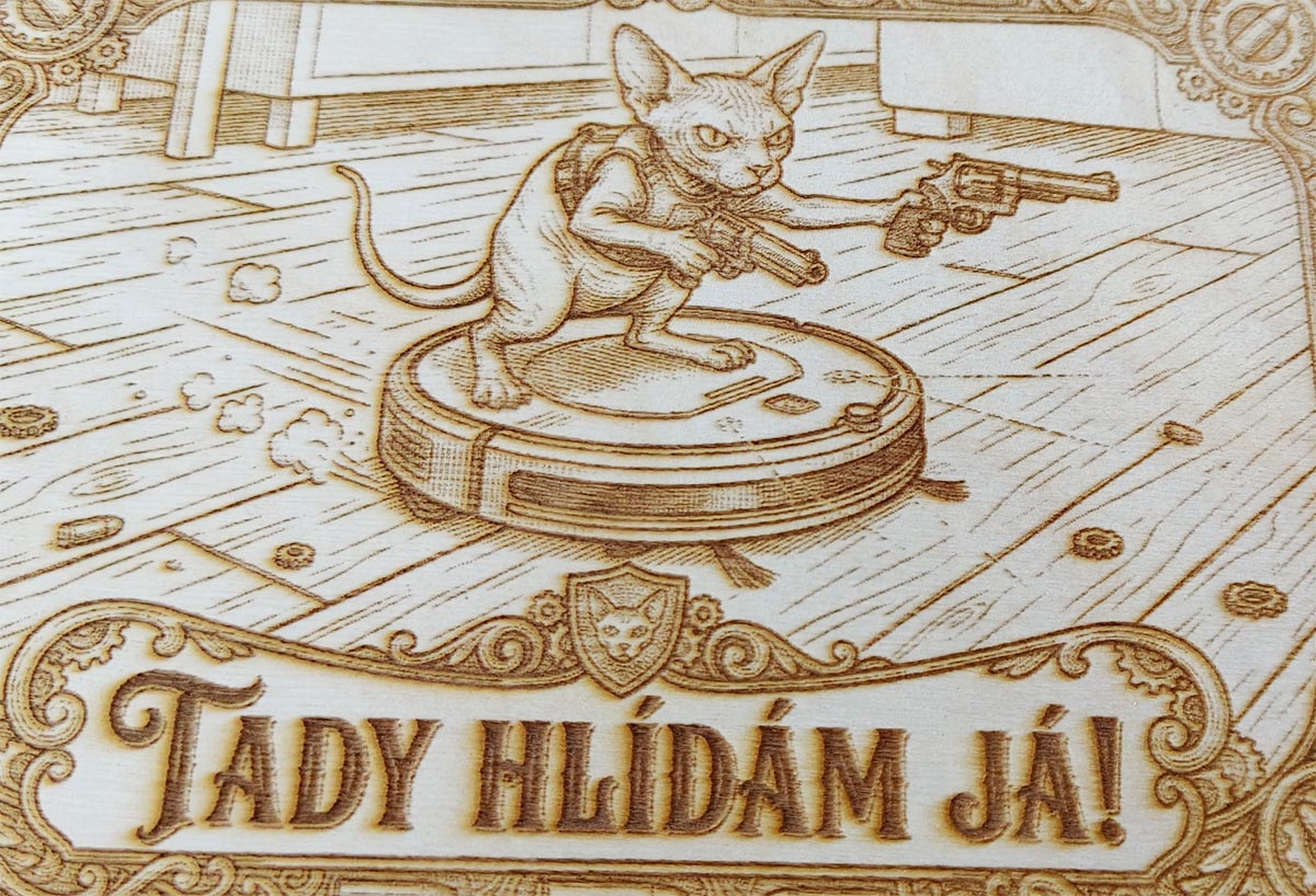 Gravírovaná dřevěná vývěsní cedule: Sphynx na robotovi – Tady hlídám já! - Obrázek 3