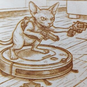Gravírovaná dřevěná vývěsní cedule: Sphynx na robotovi – Tady hlídám já! - Obrázek 2