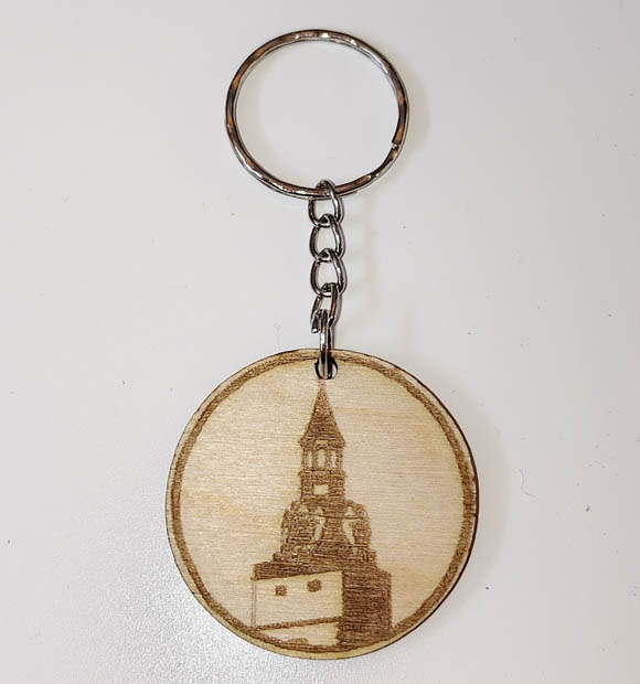 Oboustranná dřevěná klíčenka Město Ivančice (Kostelní věž & Znak) – 3,5 cm