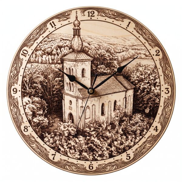 Dřevěné nástěnné hodiny Kaple sv. Jakuba (Ivančice) – 3D gravírované (28 cm)