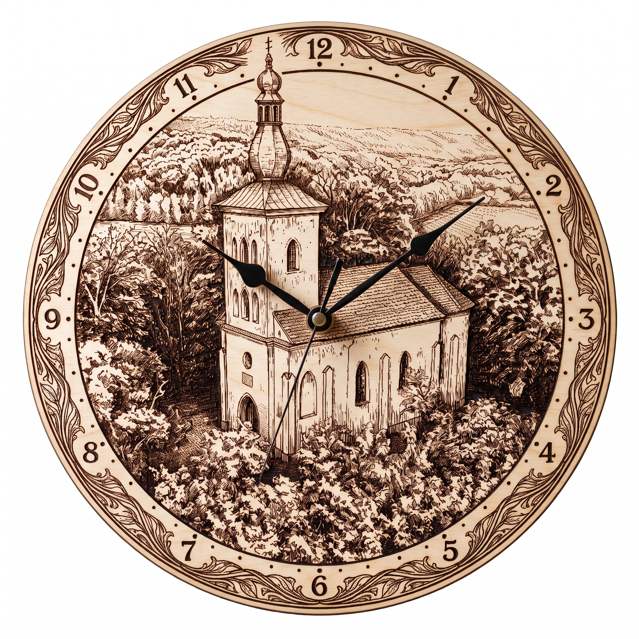 Dřevěné nástěnné hodiny Kaple sv. Jakuba (Ivančice) – 3D gravírované (28 cm) - Obrázek 1